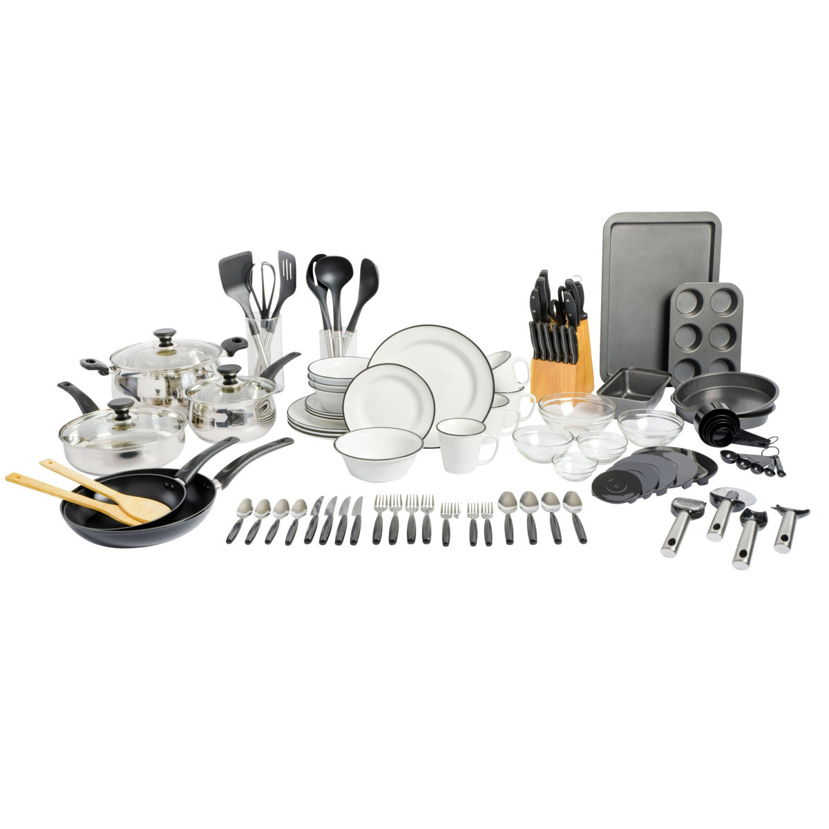 Gibson Home 95 Piece Kitchen in a Box Pots and Pans Cookware, Plates and Bowls Dinnerware, Cutlery Knife Block, Flatware Utensils, Tools & Gadgets, Storage, Glasses Set